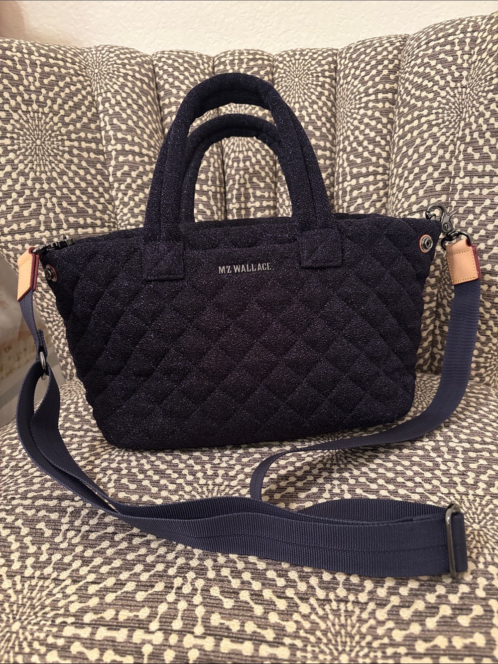MZ Wallace Navy Midnight Shimmer Small Metro Tote Bag with Strap Like New